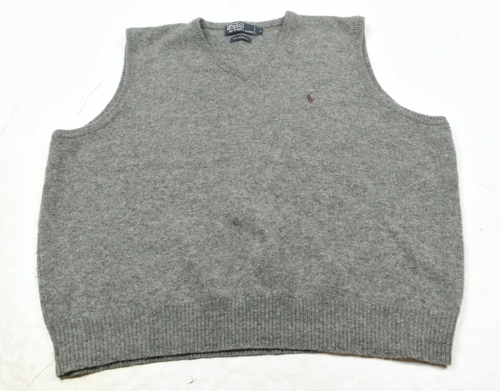 Vintage Polo Ralph Lauren Sweater Vest Mens Large Gray V-Neck Wool Pullover